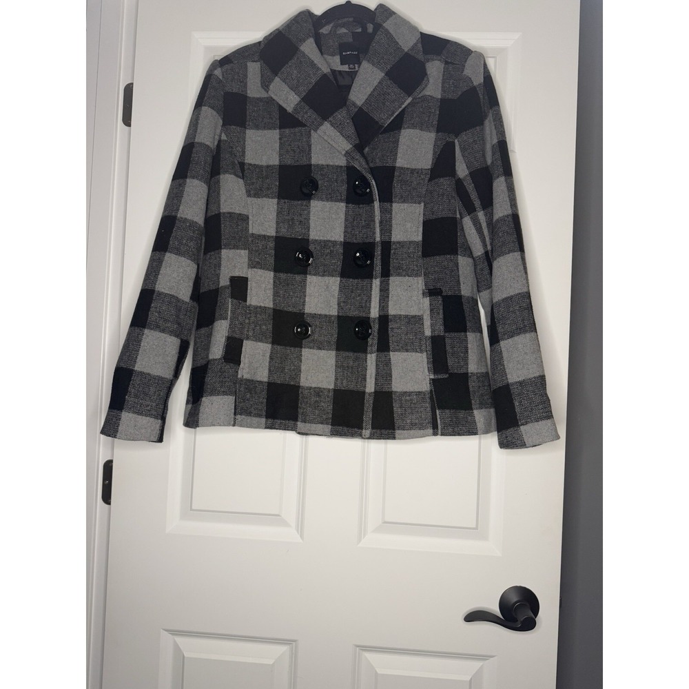 Rampage Double Breasted Pea Coat Black And Gray Plaid Coat Xl